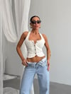 Kadın Boyundan Bağlamalı Düğmeli Korseli Denim Büstiyer Top