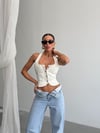 Kadın Boyundan Bağlamalı Düğmeli Korseli Denim Büstiyer Top