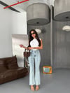 Kadın Buz Mavisi Yüksek Bel Wide Leg Jean Pantolon - Boru Paça Ham Kesim Denim