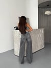 Kadın Çift Kemer Görünümlü Yırtık Detaylı Wide Leg Pamuklu Jean Pantolon