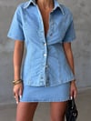 Kadın Çıtçıtlı Kısa Kollu Denim Ceket Gömlek ve Mini Etek İkili Jean Takım