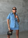 Kadın Çıtçıtlı Kısa Kollu Denim Ceket Gömlek ve Mini Etek İkili Jean Takım