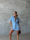 Kadın Çıtçıtlı Kısa Kollu Denim Ceket Gömlek ve Mini Etek İkili Jean Takım