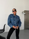 Kadın Crop Vatkalı Denim Ceket Fermuarlı Çift Cepli Jean Ceket