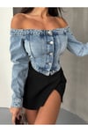 Kadın Denim Büstiyer – Omuz Açık Düğmeli Jean Büstiyer Crop Top