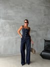 Kadın Denim İkili Takım Peplum Büstiyer Üst ve Geniş Paça Kot Pantolon
