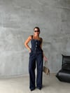 Kadın Denim İkili Takım Peplum Büstiyer Üst ve Geniş Paça Kot Pantolon