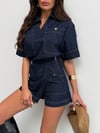 Kadın Denim Şort Etekli Takım Kısa Kollu Cepli Kot Gömlek Pamuklu Kombin Set