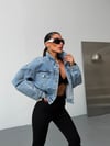 Kadın Dik Yaka Oversize Crop Denim Ceket