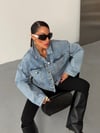 Kadın Dik Yaka Oversize Crop Denim Ceket