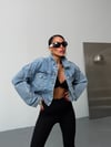 Kadın Dik Yaka Oversize Crop Denim Ceket