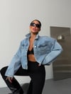 Kadın Dik Yaka Oversize Crop Denim Ceket