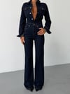 Kadın Düğmeli Ceket Yaka Bol Paça Wide Leg Jean Tulum