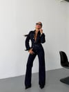 Kadın Düğmeli Ceket Yaka Bol Paça Wide Leg Jean Tulum