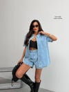 Kadın Düğmeli Denim Gömlek Kısa Kollu Oversize Jean Gömlek