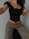 Kadın Düşük Omuz Drapeli Bustiyer – Bağcıklı Korse Görünümlü Şık Crop Top
