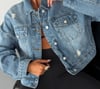 Kadın Düşük Omuz Rahat Kesim Yıpratmalı Denim Ceket
