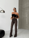 Kadın Kahverengi Asimetrik Yüksek Bel İspanyol Paça Denim Pantolon – Modern Fit