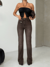 Kadın Kahverengi Asimetrik Yüksek Bel İspanyol Paça Denim Pantolon – Modern Fit