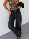 Kadın Katlama Bel Detaylı Baggy Wide Leg Bol Paça Jean Pantolon