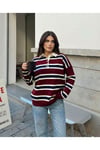 Kadın Kazak Düğmeli Polo Yaka Çizgili Oversize Triko Kazak