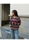 Kadın Kazak Düğmeli Polo Yaka Çizgili Oversize Triko Kazak