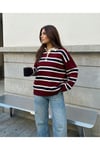 Kadın Kazak Düğmeli Polo Yaka Çizgili Oversize Triko Kazak