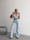 Kadın Kolsuz Yüksek Bel Geniş Paça Denim Tulum