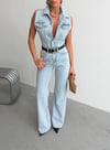 Kadın Kolsuz Yüksek Bel Geniş Paça Denim Tulum