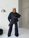 Kadın Koyu Lacivert Denim Takım – Oversize Jean Ceket & Yüksek Bel Wide Leg Pantolon Takım