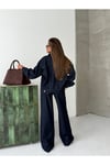 Kadın Koyu Mavi Denim Ceket ve Pantolon Takım – Oversize Ceket, Geniş Paça Jean Takım