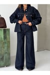 Kadın Koyu Mavi Denim Ceket ve Pantolon Takım – Oversize Ceket, Geniş Paça Jean Takım
