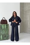 Kadın Koyu Mavi Denim Ceket ve Pantolon Takım – Oversize Ceket, Geniş Paça Jean Takım