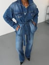 Kadın Kuşaklı Ceketli Denim İkili Takım Wide Leg Bol Paça Kot Takım