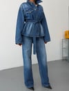 Kadın Kuşaklı Ceketli Denim İkili Takım Wide Leg Bol Paça Kot Takım