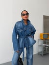 Kadın Kuşaklı Ceketli Denim İkili Takım Wide Leg Bol Paça Kot Takım