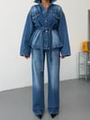 Kadın Kuşaklı Ceketli Denim İkili Takım Wide Leg Bol Paça Kot Takım
