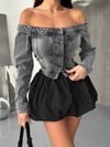 Kadın Omuz Açık Denim Büstiyer – %100 Pamuk, Korse Formlu Crop Top