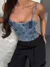 Kadın Önü Bağcıklı Denim Bustiyer - Asimetrik Kesim Kot Korse Üst