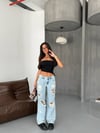 Kadın Orta Bel Yırtık Wide Leg Jean – Vintage Açık Mavi Bol Paça Kot Pantolon