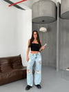Kadın Orta Bel Yırtık Wide Leg Jean – Vintage Açık Mavi Bol Paça Kot Pantolon
