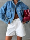 Kadın Oversize Çift Cepli Crop Denim Ceket Gömlek
