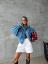 Kadın Oversize Çift Cepli Crop Denim Ceket Gömlek