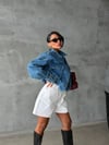 Kadın Oversize Çift Cepli Crop Denim Ceket Gömlek