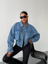 Kadın Oversize Çift Cepli Crop Denim Ceket Gömlek