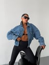 Kadın Oversize Çift Cepli Crop Denim Ceket Gömlek