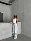 Kadın Paçası Fiyonk Detaylı Geniş Paça Wide Leg Pamuklu Jean Pantolon