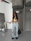 Kadın Pens Detaylı Yırtık Wide Leg Bol Paça Pamuklu Jean Pantolon