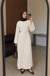 Kadın Rahat Kesim Geniş Kol Beli Kuşaklı Fitilli Dokuı Tesettür Elbise