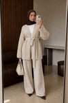 Kadın Rahat Kesim Kimono Yaka Kuşaklı Tesettür Triko İkili Takım